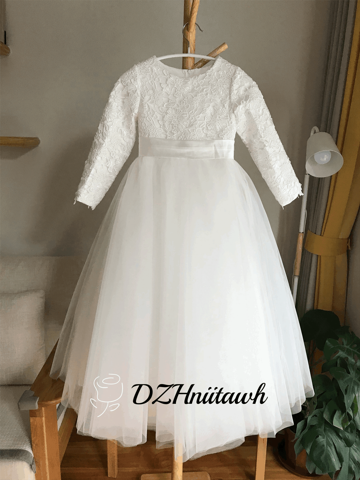 Lace tulle flower girl dress, off white flower girl dress long sleeves, first communion dress floor length