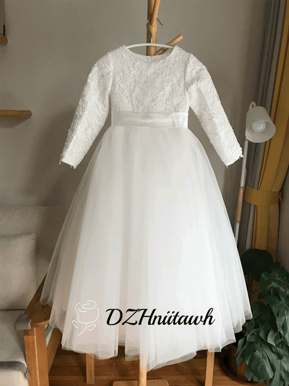 Lace tulle flower girl dress, off white flower girl dress long sleeves, first communion dress floor length