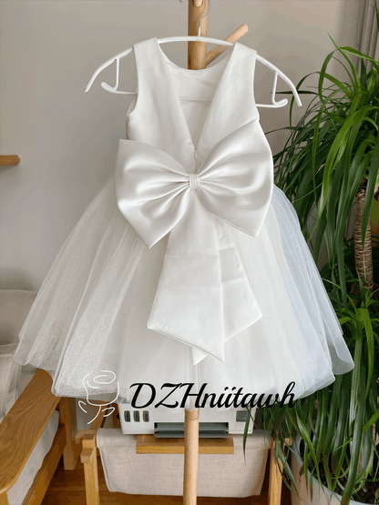 Glitter tulle off white flower girl dress, silver sparkle flower girl dress, communion dress, tutu dress with big bow