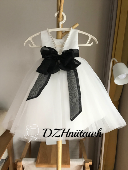 Tulle flower girl dress, v back top dress with pearls, communion dress with black sash bow