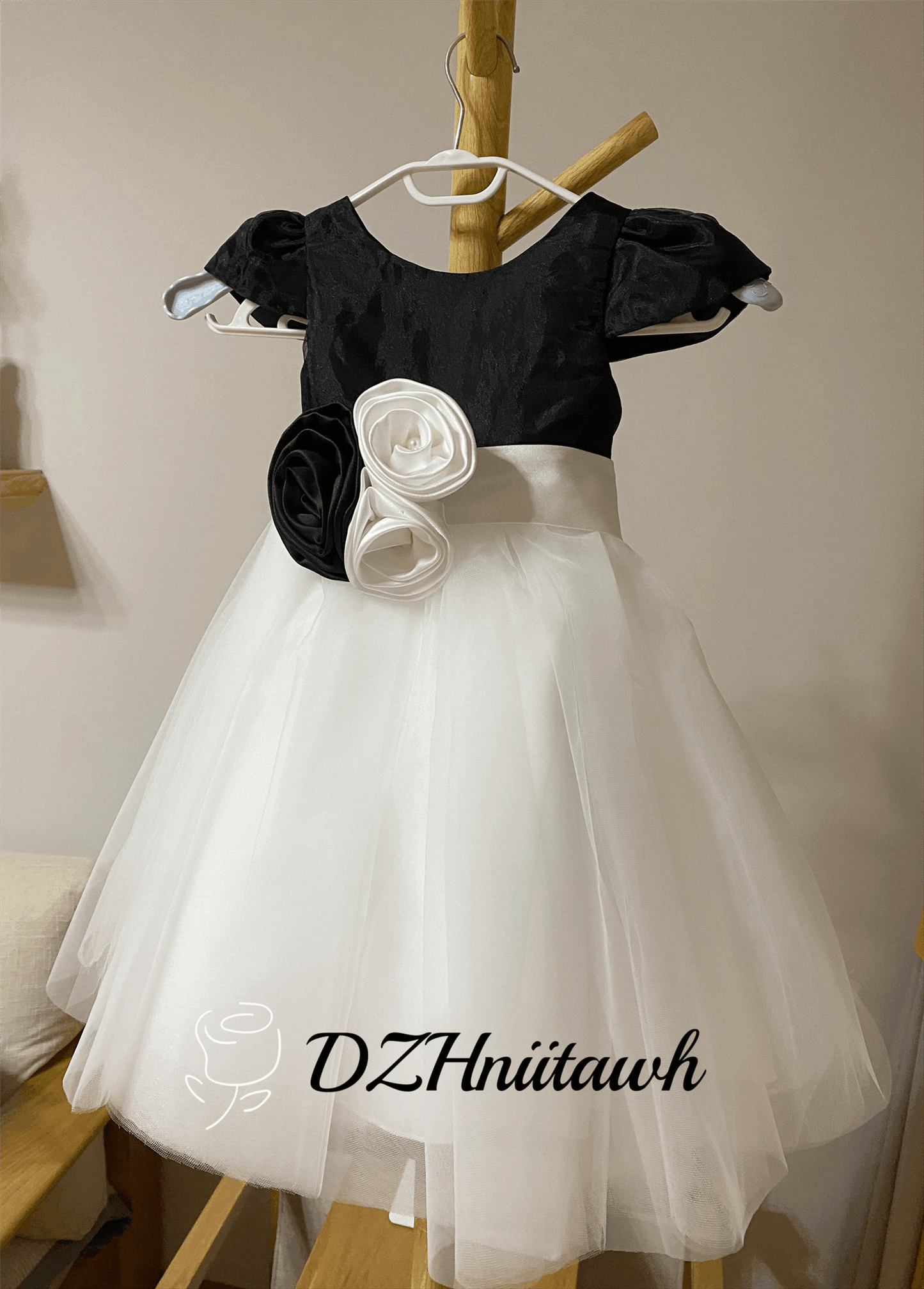 Flower girl dress, black top with off white tulle skirt flower girl dress, communion dress cap sleeves flower sash floor length