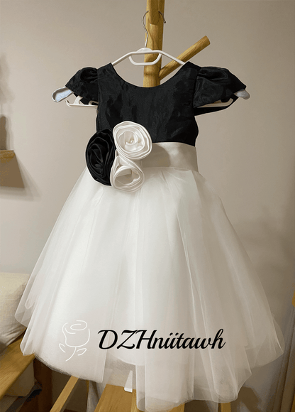 Flower girl dress, black top with off white tulle skirt flower girl dress, communion dress cap sleeves flower sash floor length