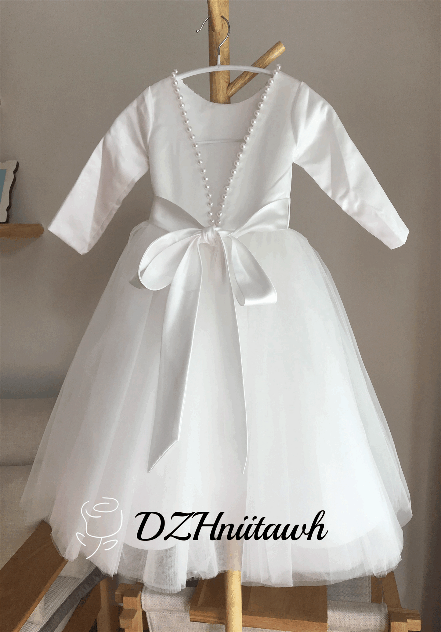 Off white flower girl dress, v back top dress with pearls, Communion dress with long sleeves