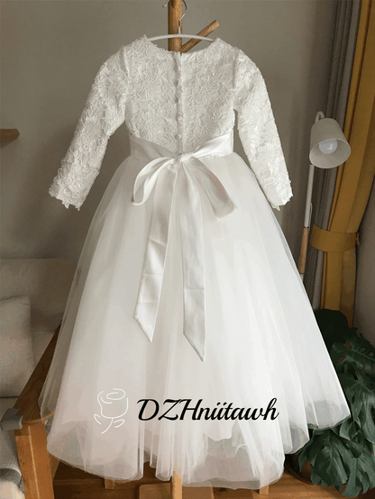 Lace tulle flower girl dress, off white flower girl dress long sleeves, first communion dress floor length