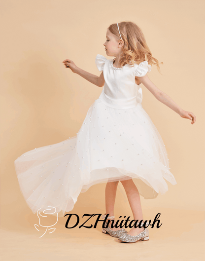 Off white tulle flower girl dress, pearls flower girl dress, v back dress with pearls, communion dress, skirt pearls high low dress