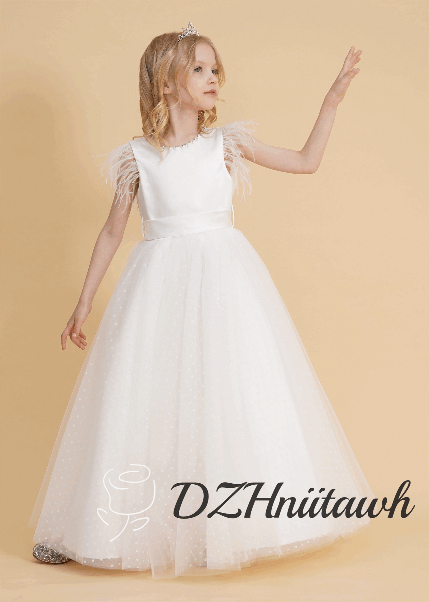 Feather sleeves off white flower girl dress, dot tulle flower girl dress, V back top dress with beaded, communion dress