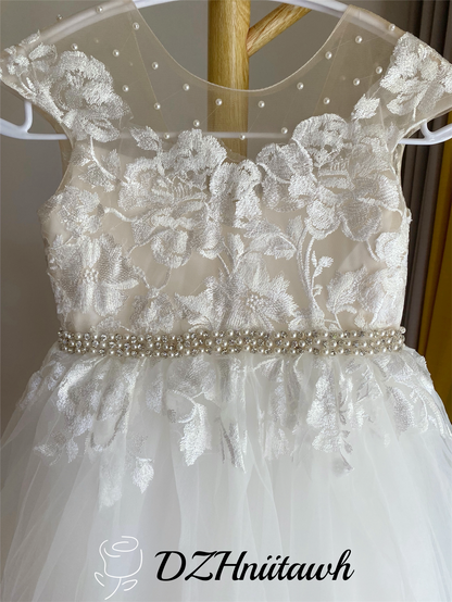 Lace flower girl dress with pearls beaded sash, lace applique V back top with beaded pearls, communion dress cap with sleeves