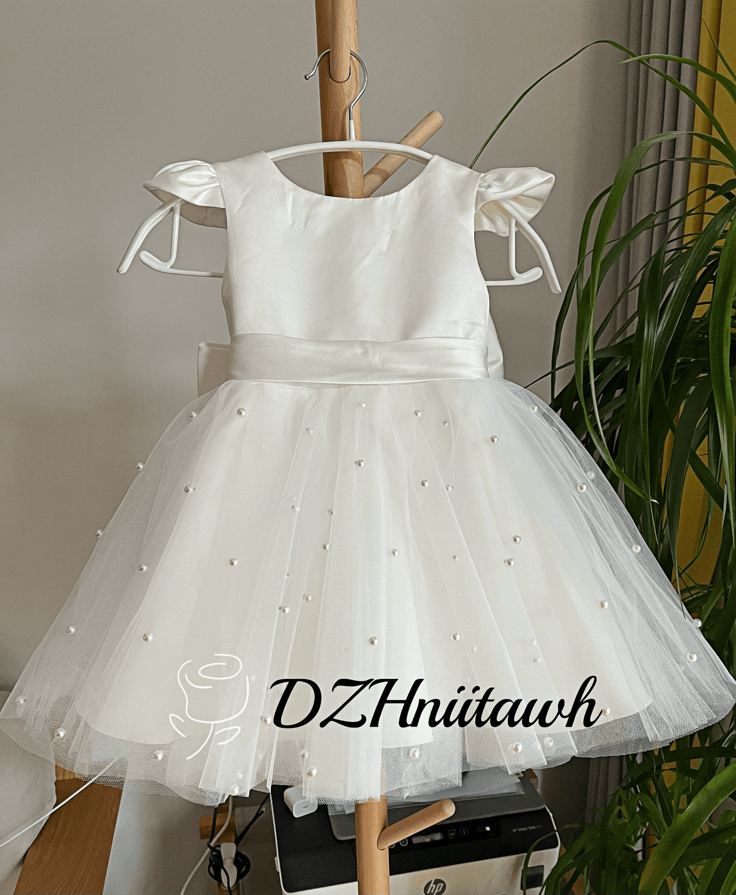 Light ivory flower girl dress with pearls, v back top flower girl dress, pearls tulle flower girl dress tea length, birthday communion tutu girl dress