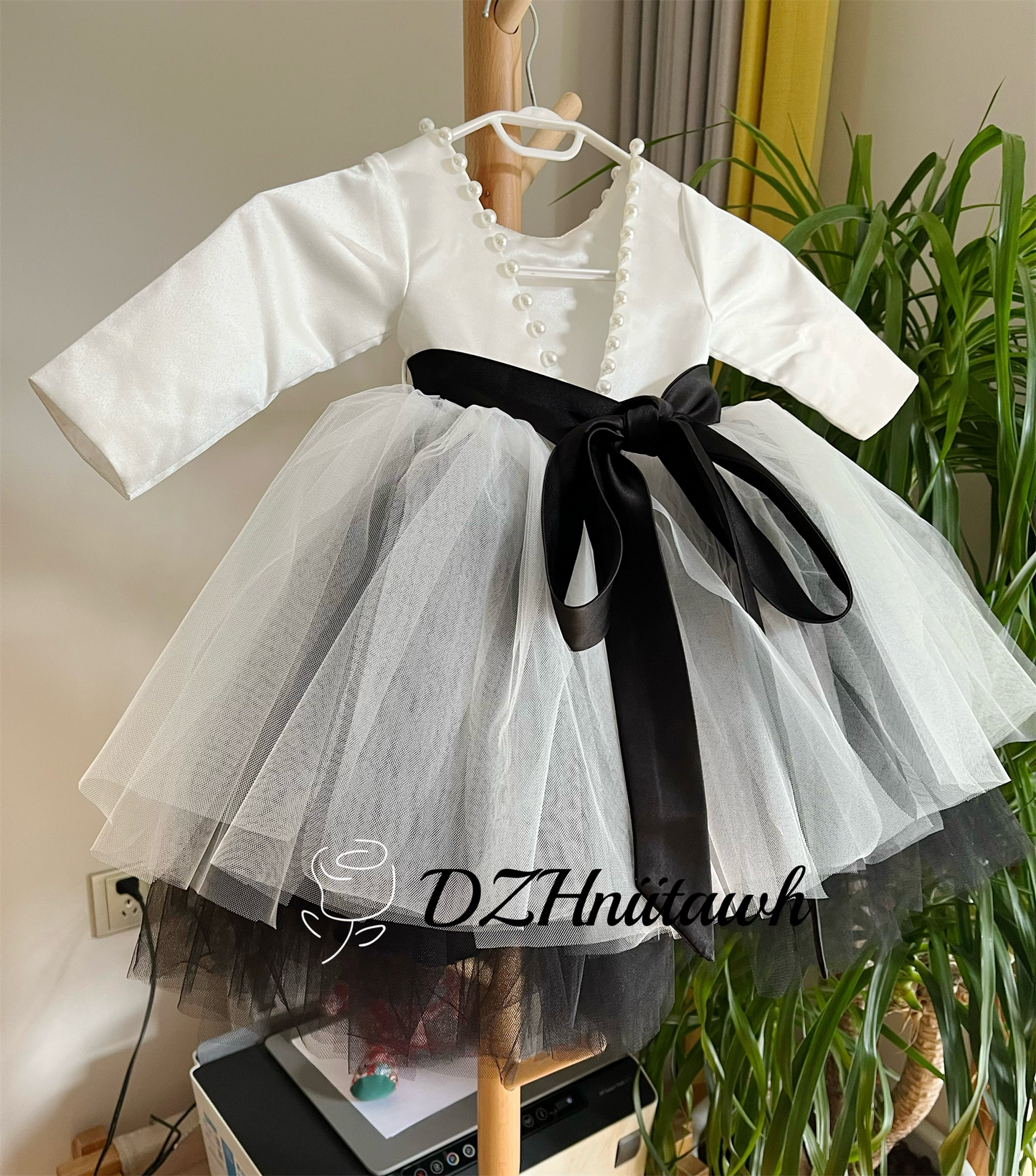 Off white black sash v back pearls flower girl dress, tutu flower girl dress, off white black tulle birthday girl dress floor length