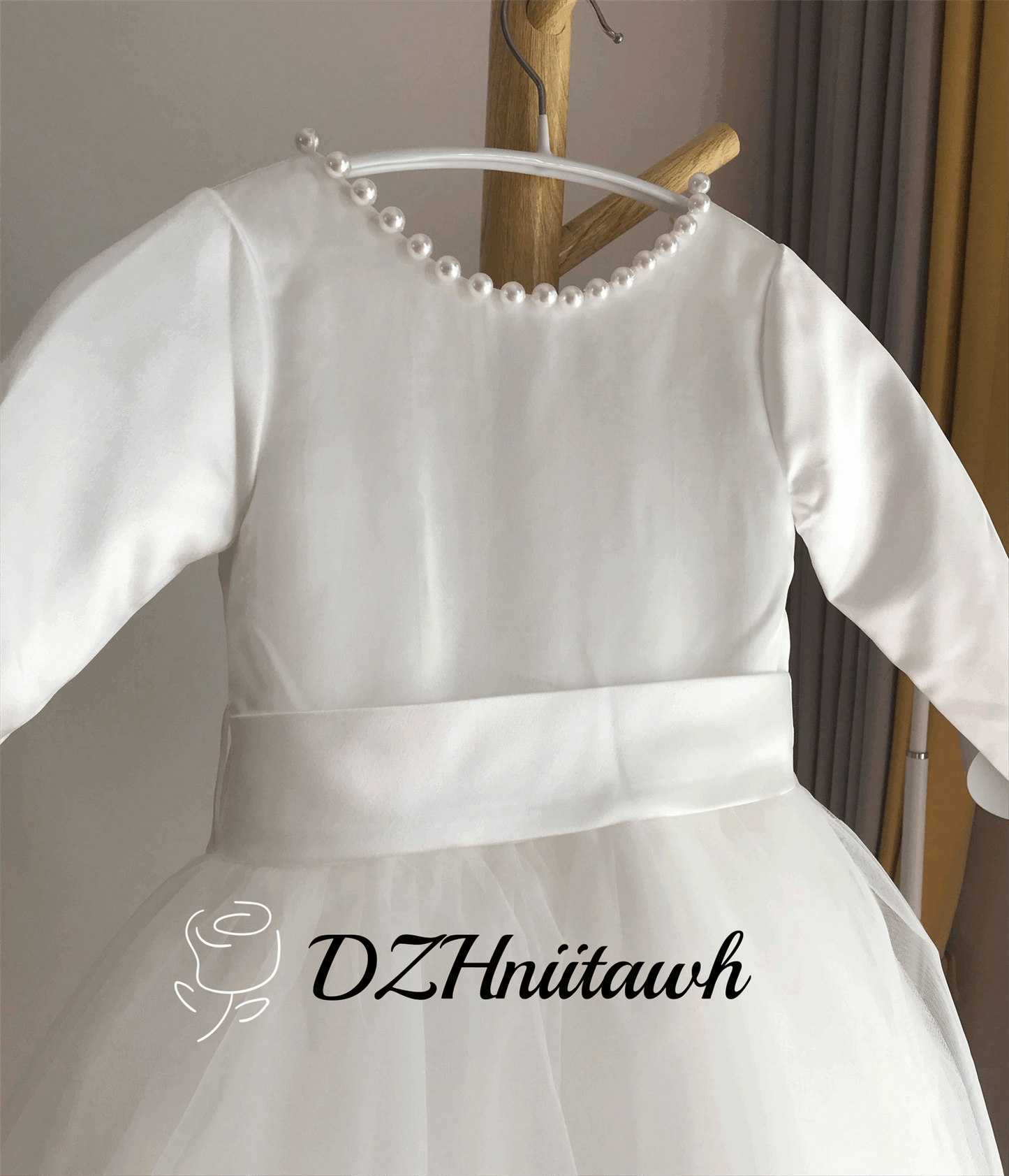 Off white flower girl dress, v back top dress with pearls, Communion dress with long sleeves