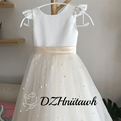 Off white top flower girl dress, light champagne tulle flower girl dress with pearls