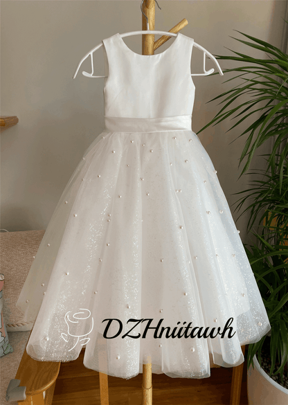 Sparkle tulle off white flower girl dress, V back flower girl dress, glitter tulle flower girl dress with pearls