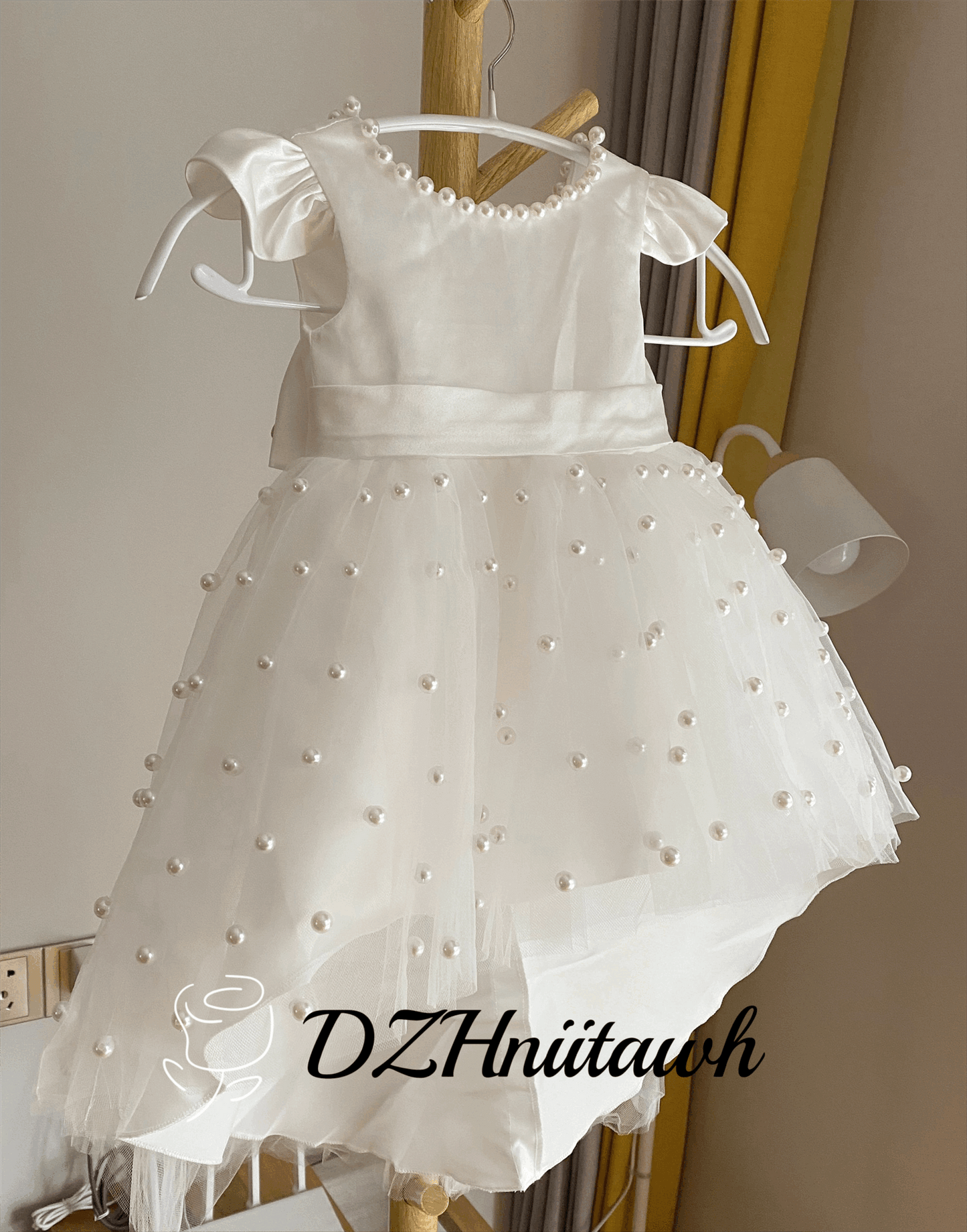 Off white tulle flower girl dress, pearls flower girl dress, v back dress with pearls, communion dress, skirt pearls high low dress