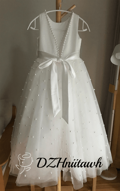 Tulle off white flower girl dress, pearls flower girl dress v back top dress, communion dress