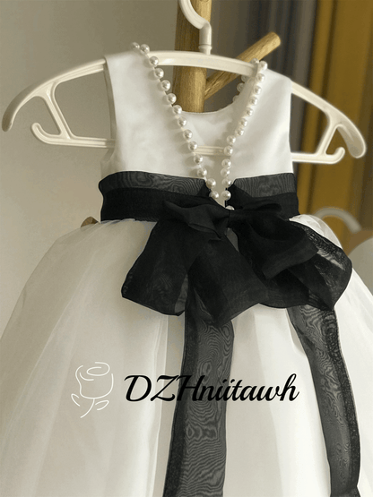 Tulle flower girl dress, v back top dress with pearls, communion dress with black sash bow