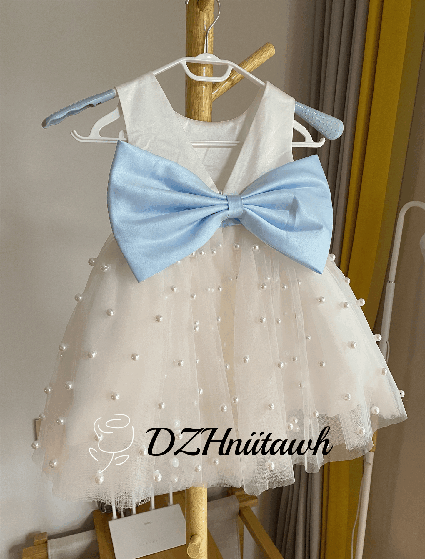 Ivory tulle pearls flower girl dress, V back top dress, communion dress with light blue sash bow