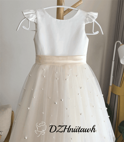 Off white top flower girl dress, light champagne tulle flower girl dress with pearls