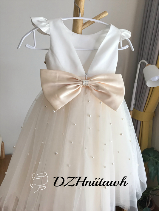 Off white top flower girl dress, light champagne tulle flower girl dress with pearls