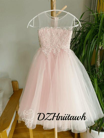 Lace flower girl dress, Beaded pink dress, tulle flower girl dress, communion dress