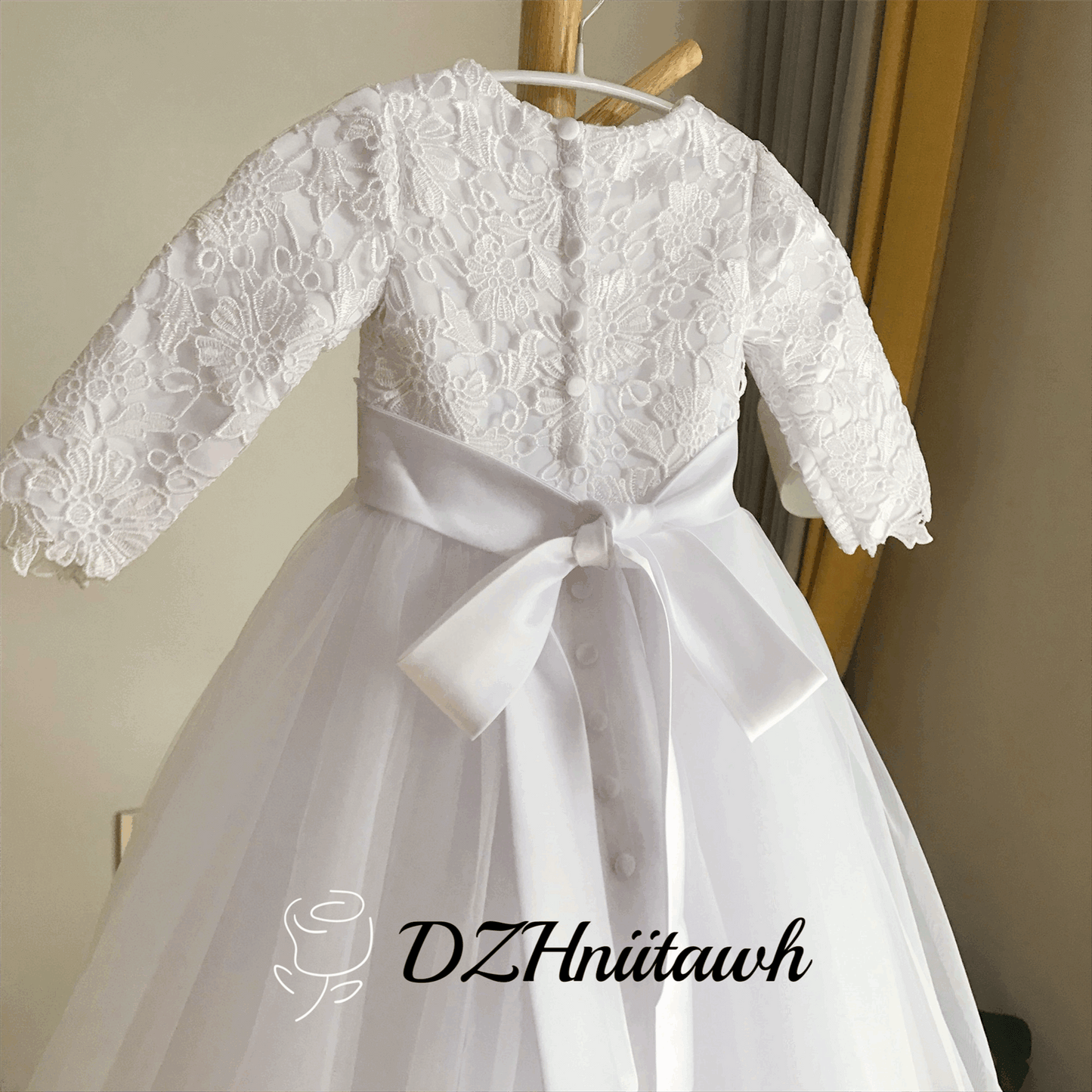 Lace tulle flower girl dress, pure white flower girl dress long sleeves, first communion dress floor length