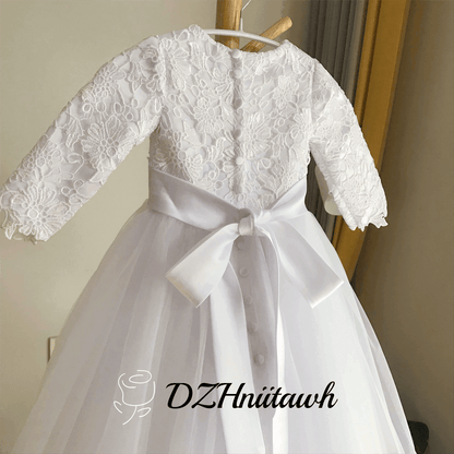 Lace tulle flower girl dress, pure white flower girl dress long sleeves, first communion dress floor length