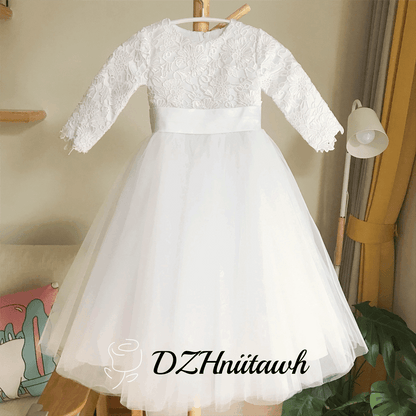 Lace tulle flower girl dress, pure white flower girl dress long sleeves, first communion dress floor length