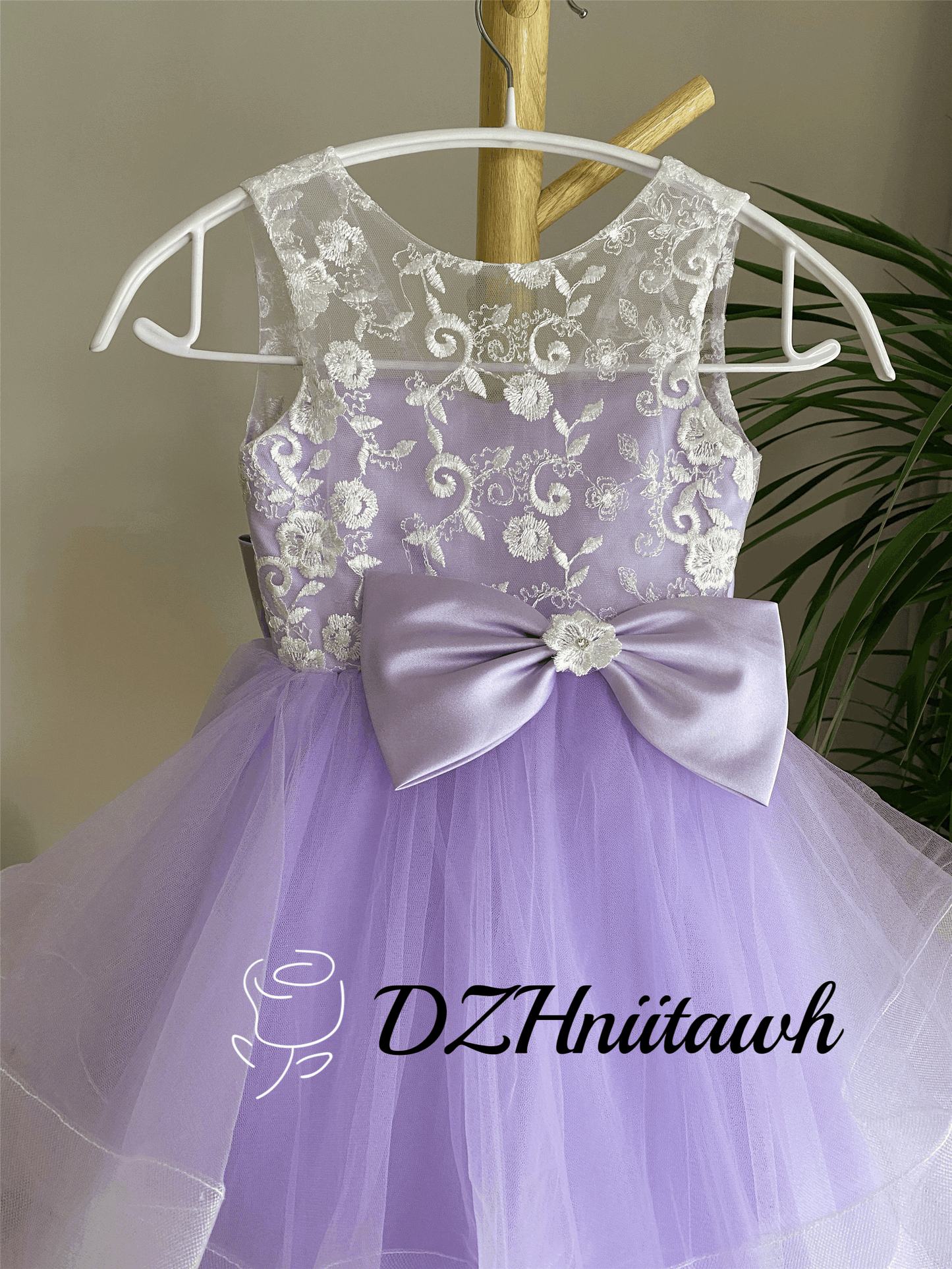 Lace flower girl dress purple color, tulle flower girl dress, illusion birthday girl dress with lace applique, layered flower girl dress