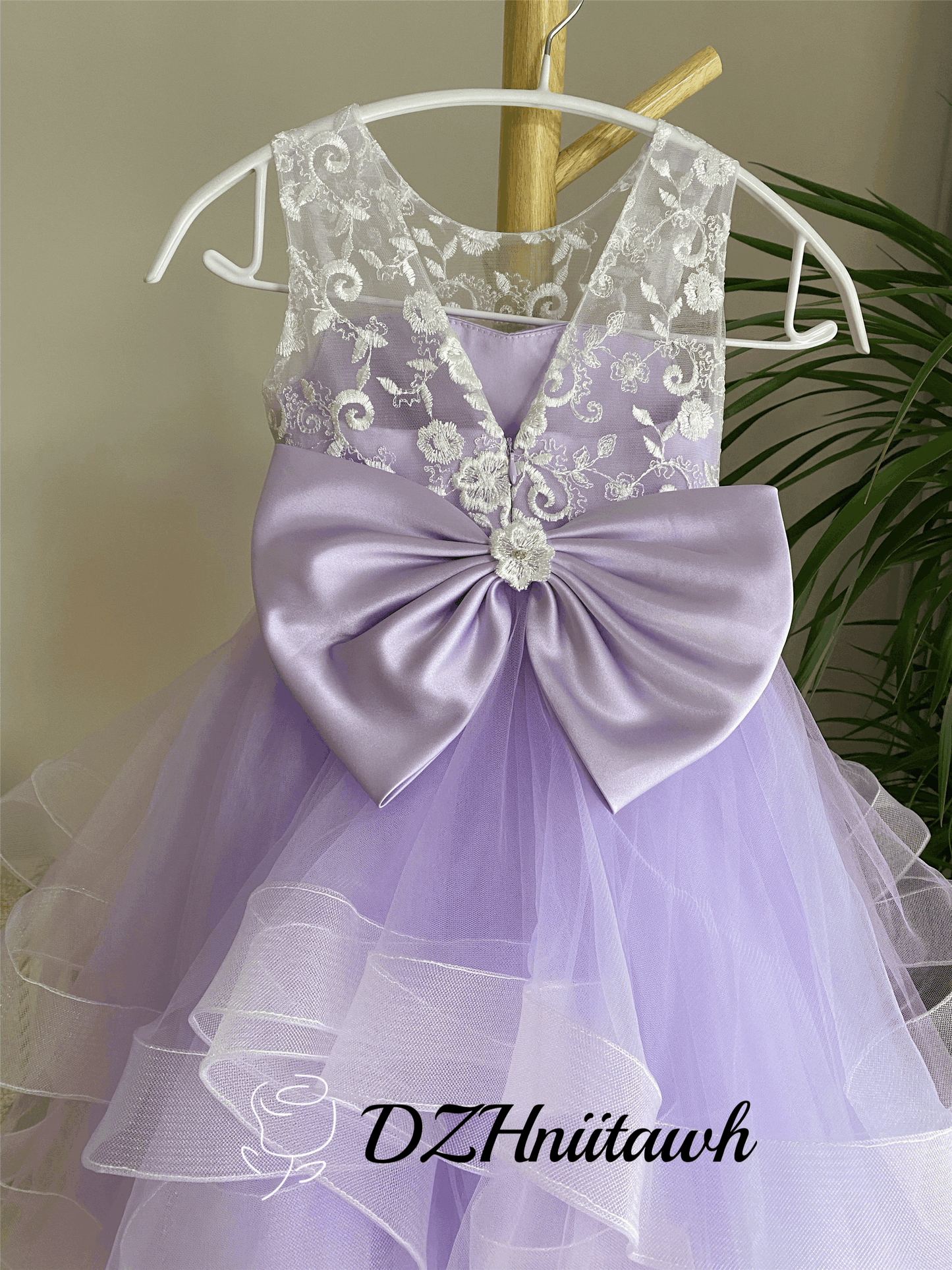 Lace flower girl dress purple color, tulle flower girl dress, illusion birthday girl dress with lace applique, layered flower girl dress