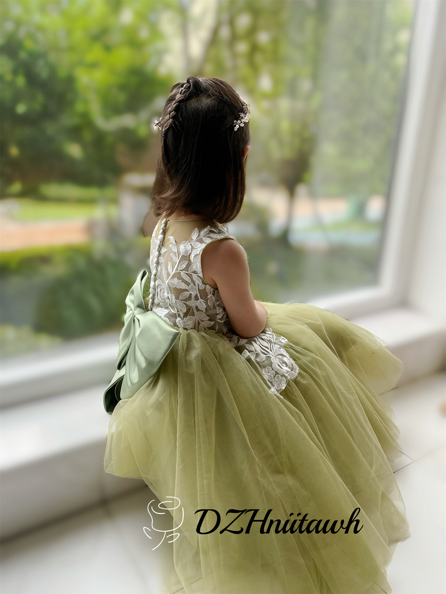 Sage green flower girl dress, lace flower girl dress, illusion birthday girl dress with lace applique