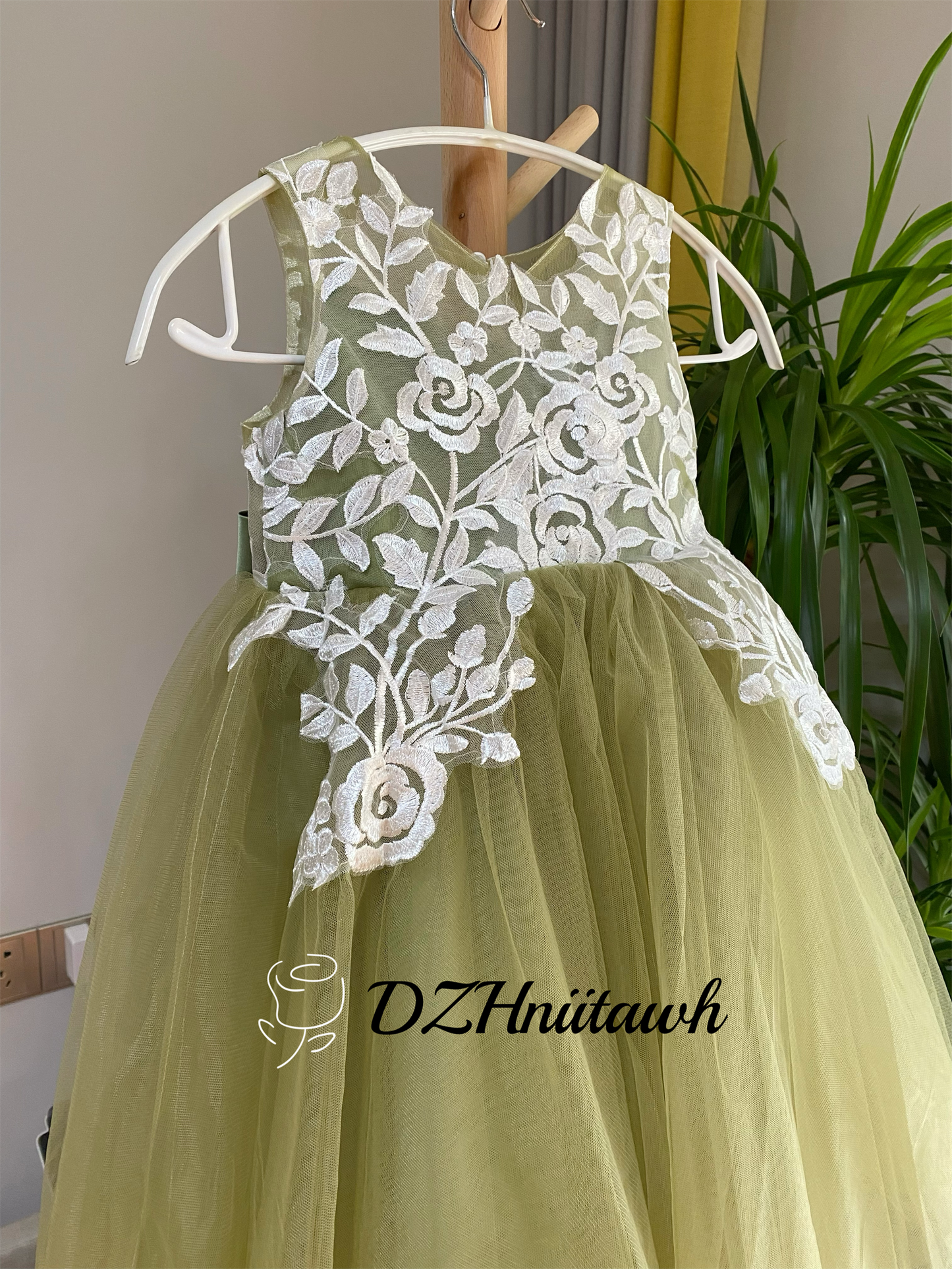 Sage green flower girl dress, lace flower girl dress, illusion birthday girl dress with lace applique