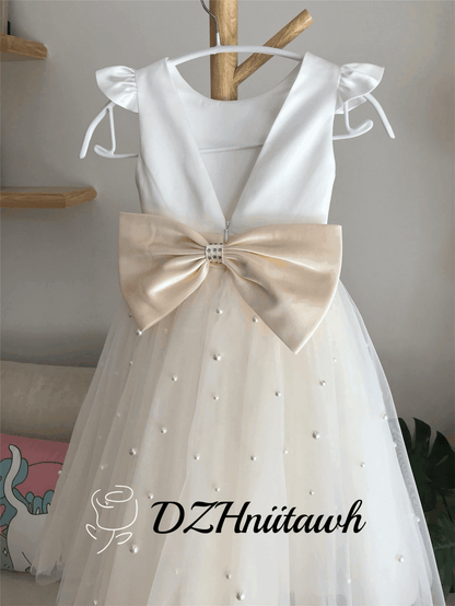 Off white top flower girl dress, light champagne tulle flower girl dress with pearls