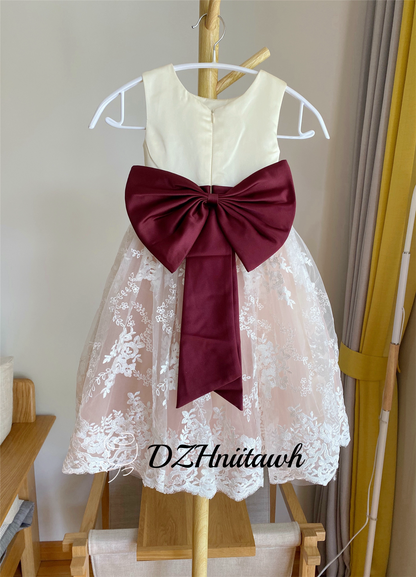 Lace flower girl dress, tulle flower girl dress, ivory top burgundy sash with big bow, lace tulle birthday girl dress