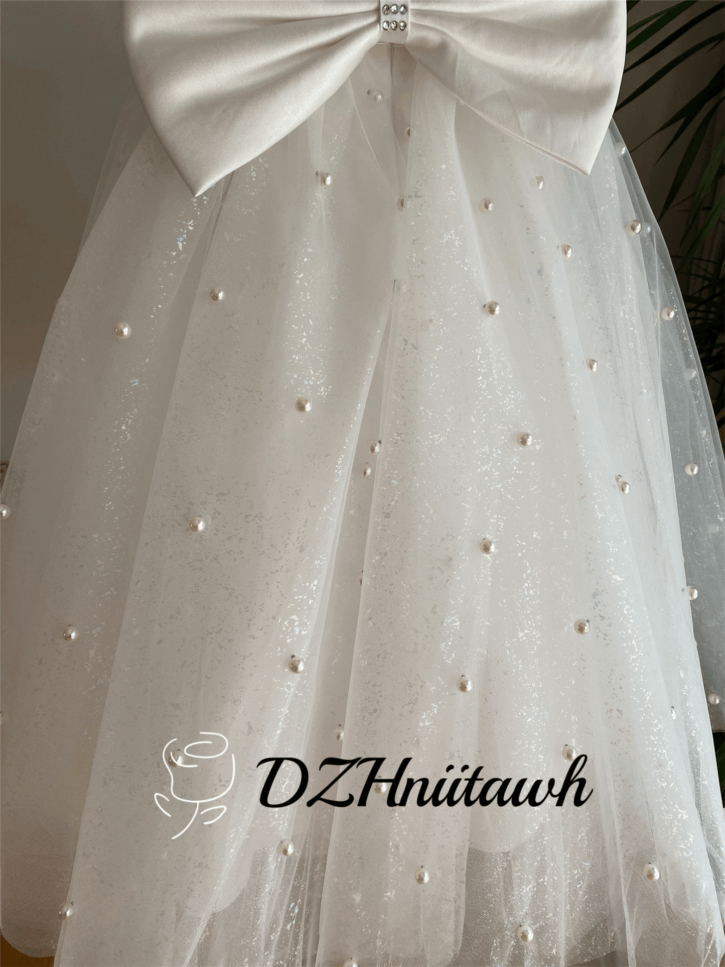 Sparkle tulle off white flower girl dress, V back flower girl dress, glitter tulle flower girl dress with pearls