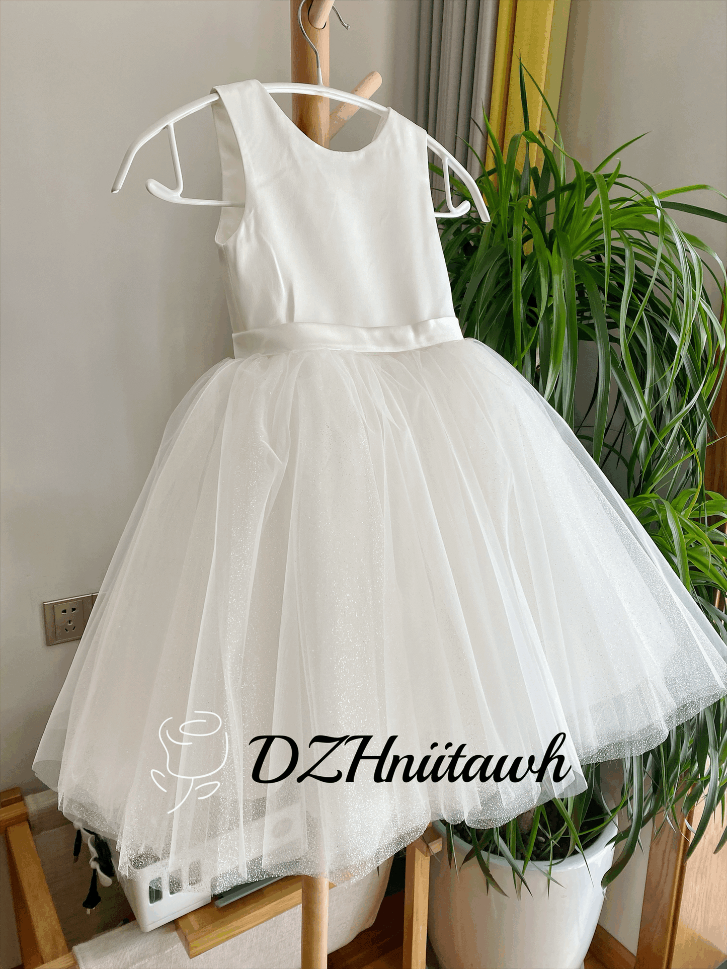 Glitter tulle off white flower girl dress, silver sparkle flower girl dress, communion dress, tutu dress with big bow