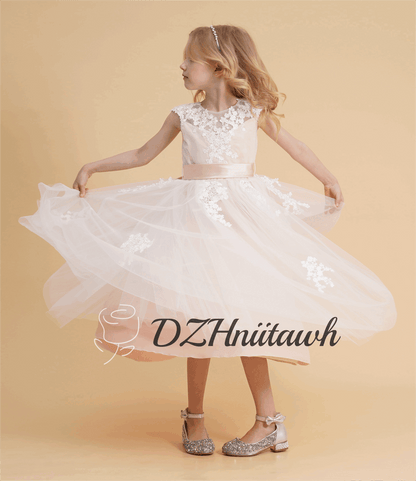 Blush lace flower girl dress, tulle flower girl dress, illusion birthday girl dress with lace applique, tutu flower girl dress tea length