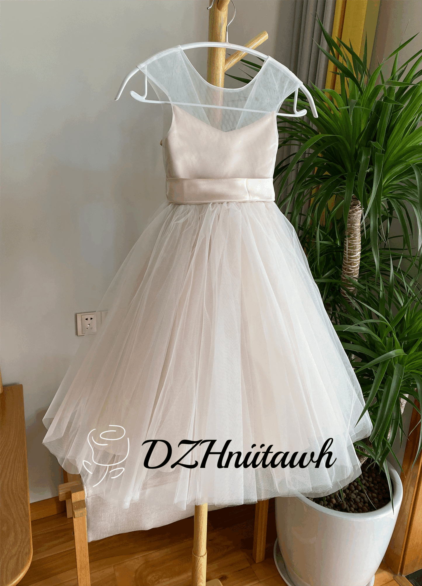 Blush flower girl dress, tulle flower girl dress, illusion girl dress, tutu flower girl dress tea length