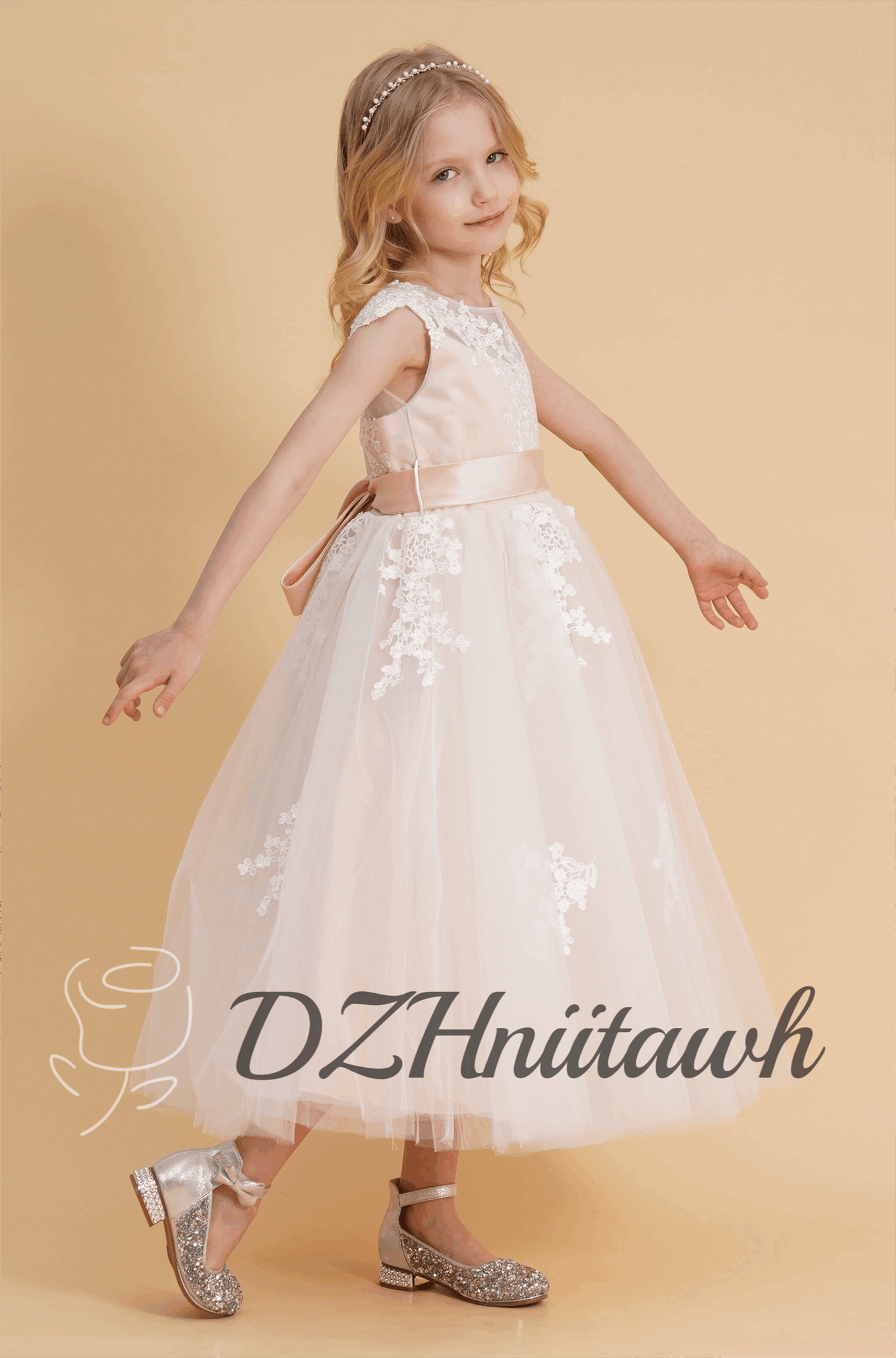 Blush lace flower girl dress, tulle flower girl dress, illusion birthday girl dress with lace applique, tutu flower girl dress tea length