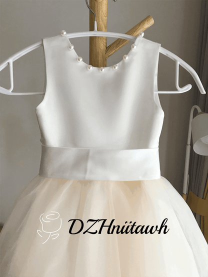 Tulle ivory off white champagne flower girl dress, v back top dress with pearls, communion dress