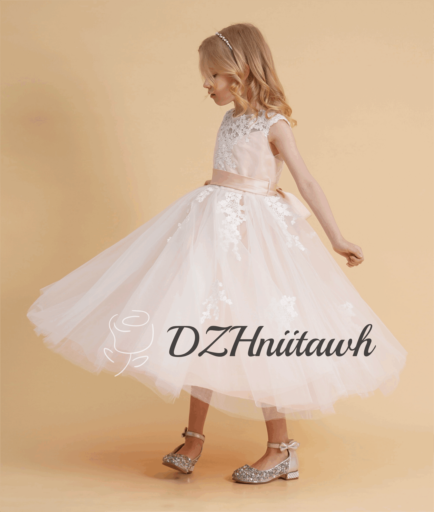 Blush lace flower girl dress, tulle flower girl dress, illusion birthday girl dress with lace applique, tutu flower girl dress tea length