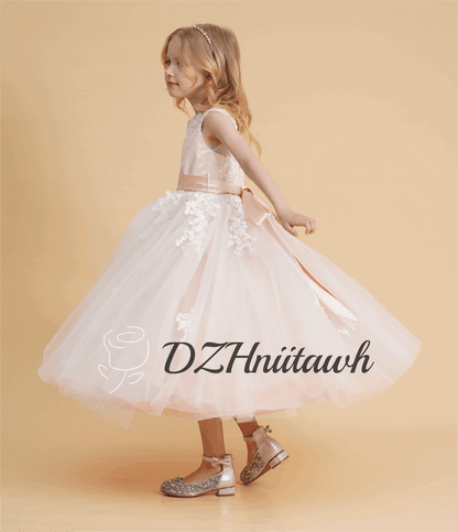 Blush lace flower girl dress, tulle flower girl dress, illusion birthday girl dress with lace applique, tutu flower girl dress tea length