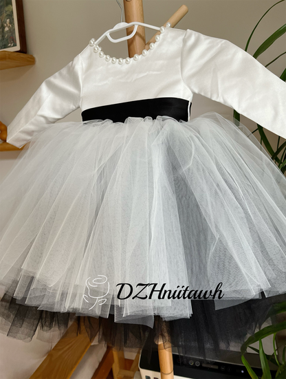 Off white black sash v back pearls flower girl dress, tutu flower girl dress, off white black tulle birthday girl dress floor length