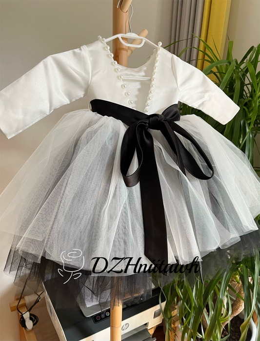 Off white black sash v back pearls flower girl dress, tutu flower girl dress, off white black tulle birthday girl dress floor length