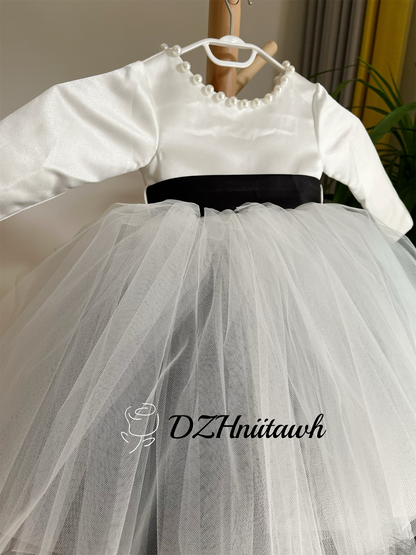 Off white black sash v back pearls flower girl dress, tutu flower girl dress, off white black tulle birthday girl dress floor length