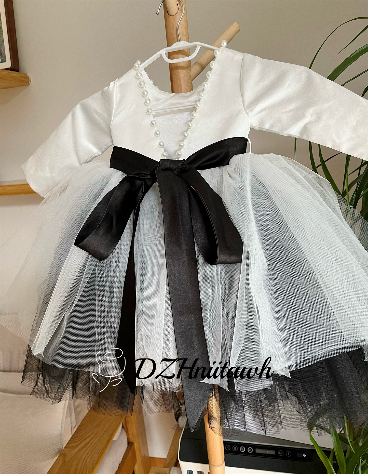 Off white black sash v back pearls flower girl dress, tutu flower girl dress, off white black tulle birthday girl dress floor length