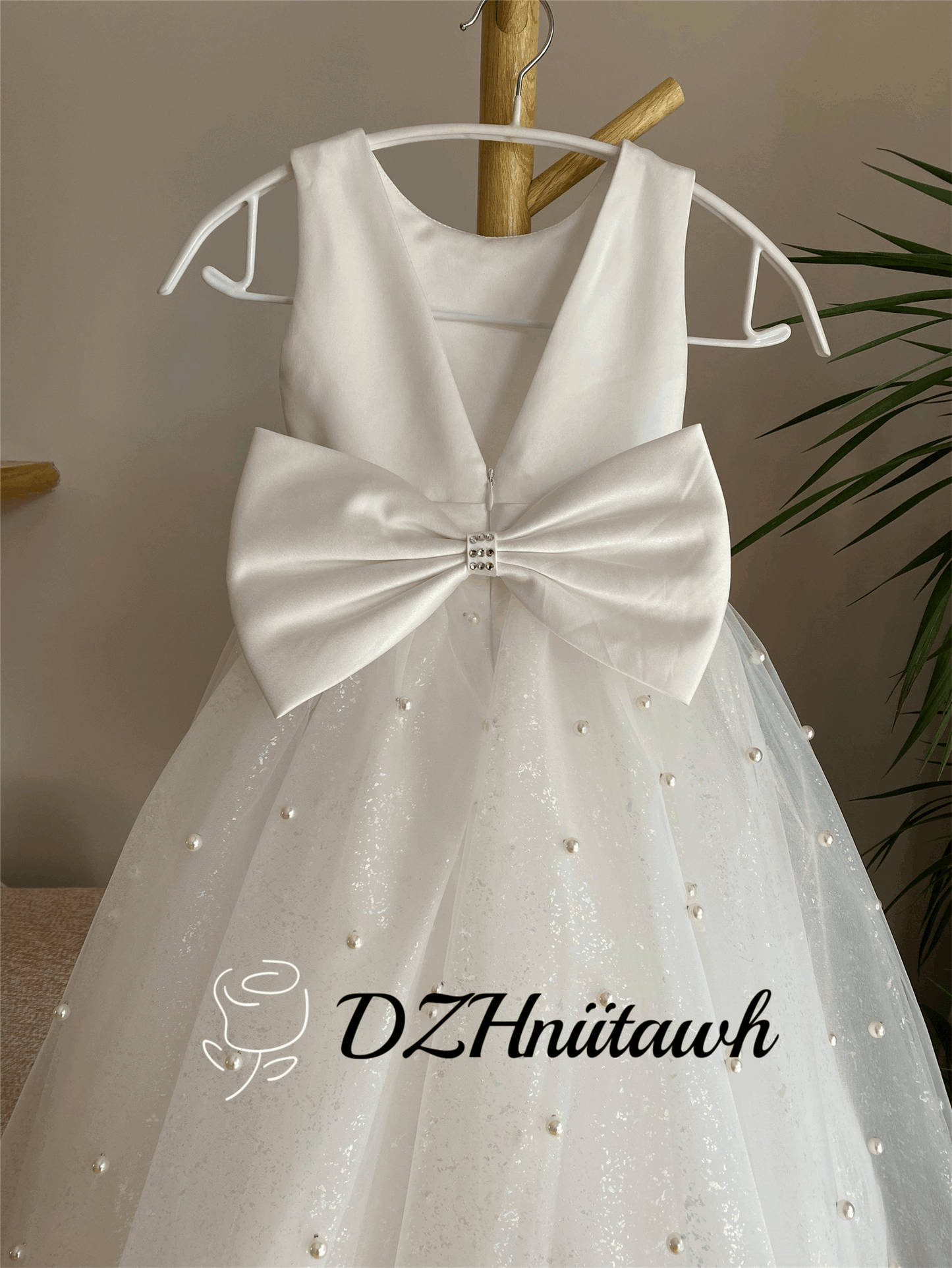 Sparkle tulle off white flower girl dress, V back flower girl dress, glitter tulle flower girl dress with pearls