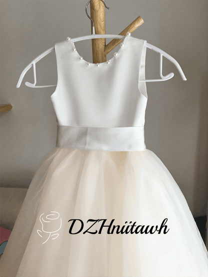 Tulle ivory off white champagne flower girl dress, v back top dress with pearls, communion dress