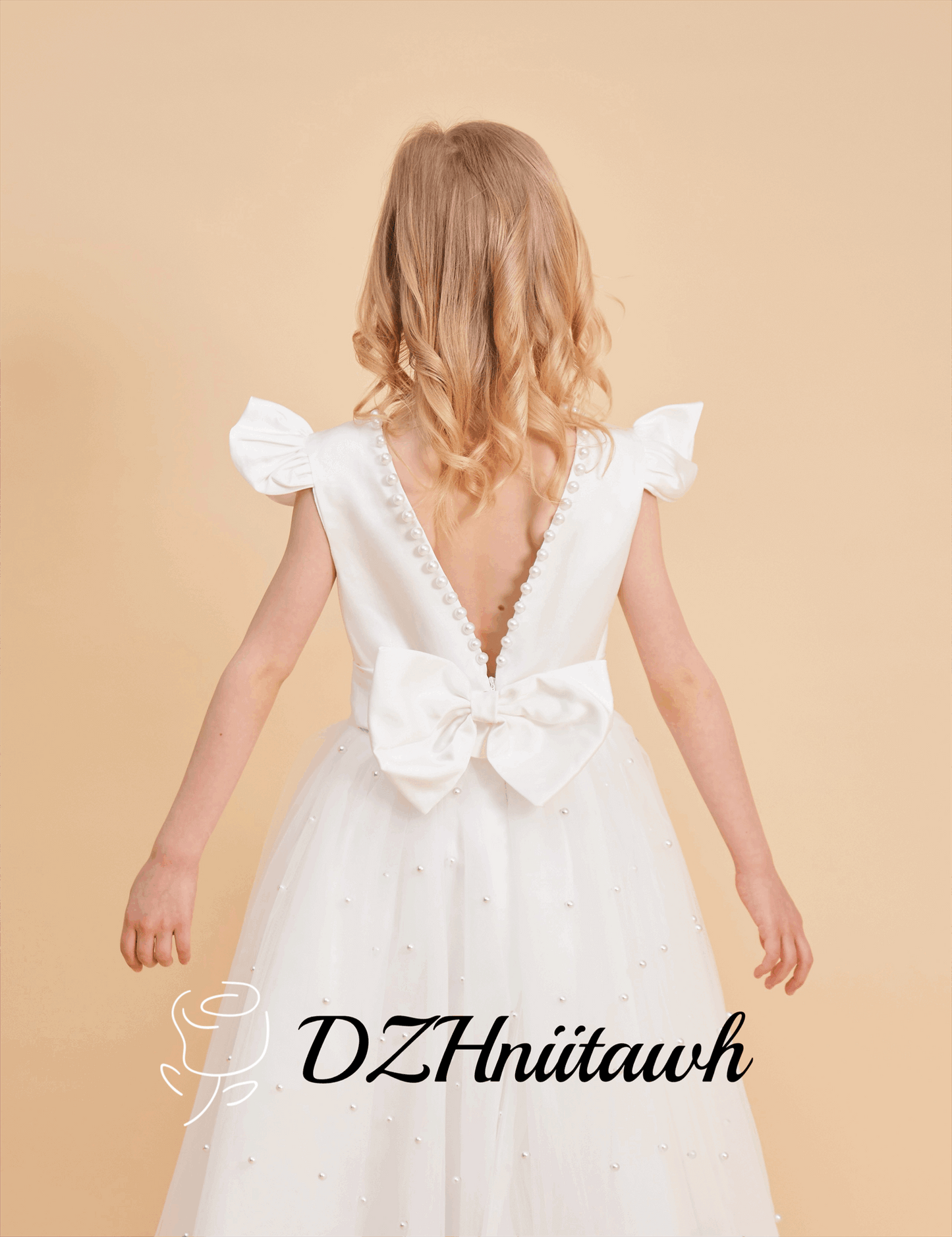 Off white tulle flower girl dress, pearls flower girl dress, v back dress with pearls, communion dress, skirt pearls high low dress