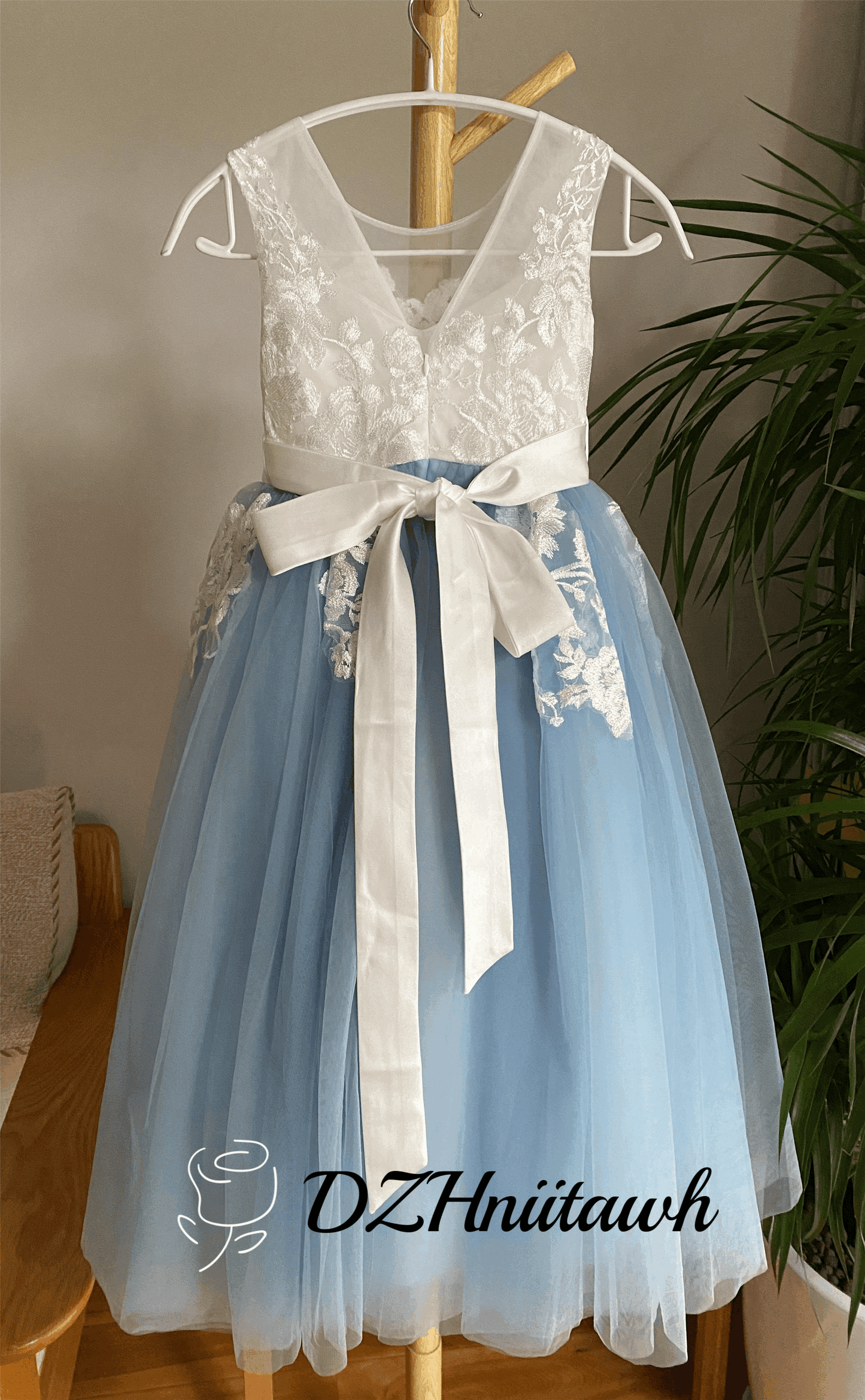 Dusty blue flower girl dress, lace flower girl dress, off white top dusty blue skirt girl dress floor length