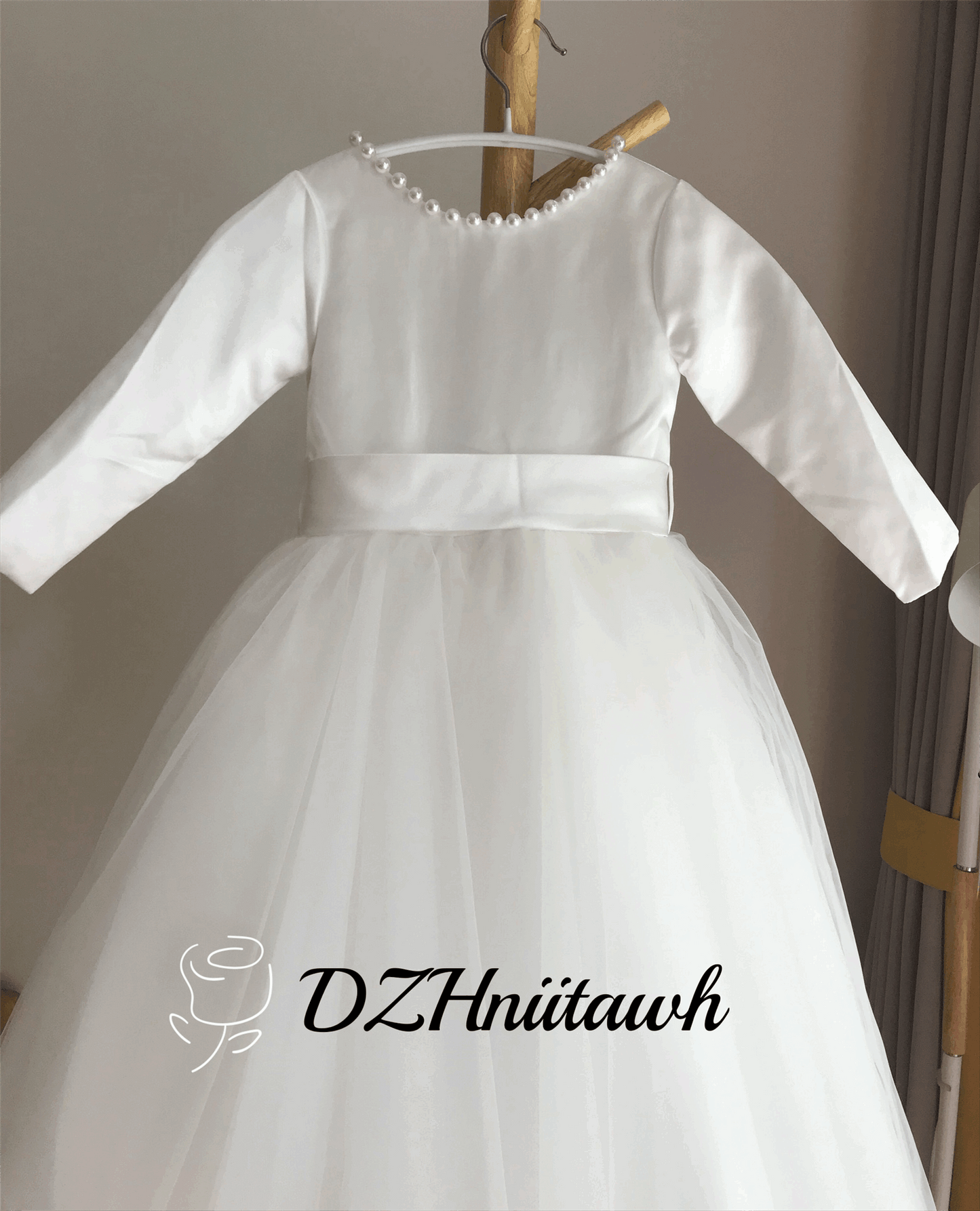 Off white flower girl dress, v back top dress with pearls, Communion dress with long sleeves