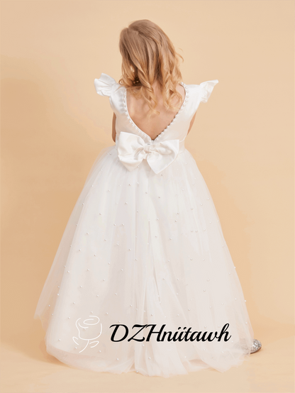 Off white tulle flower girl dress, pearls flower girl dress, v back dress with pearls, communion dress, skirt pearls high low dress